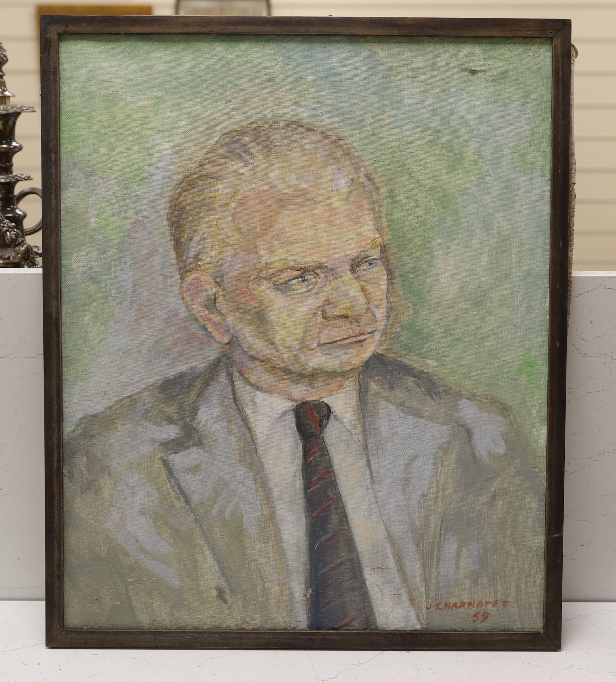 J. Charnotet, oil on canvas, Portrait of a gentleman, signed and dated '59, 54 x 44cm